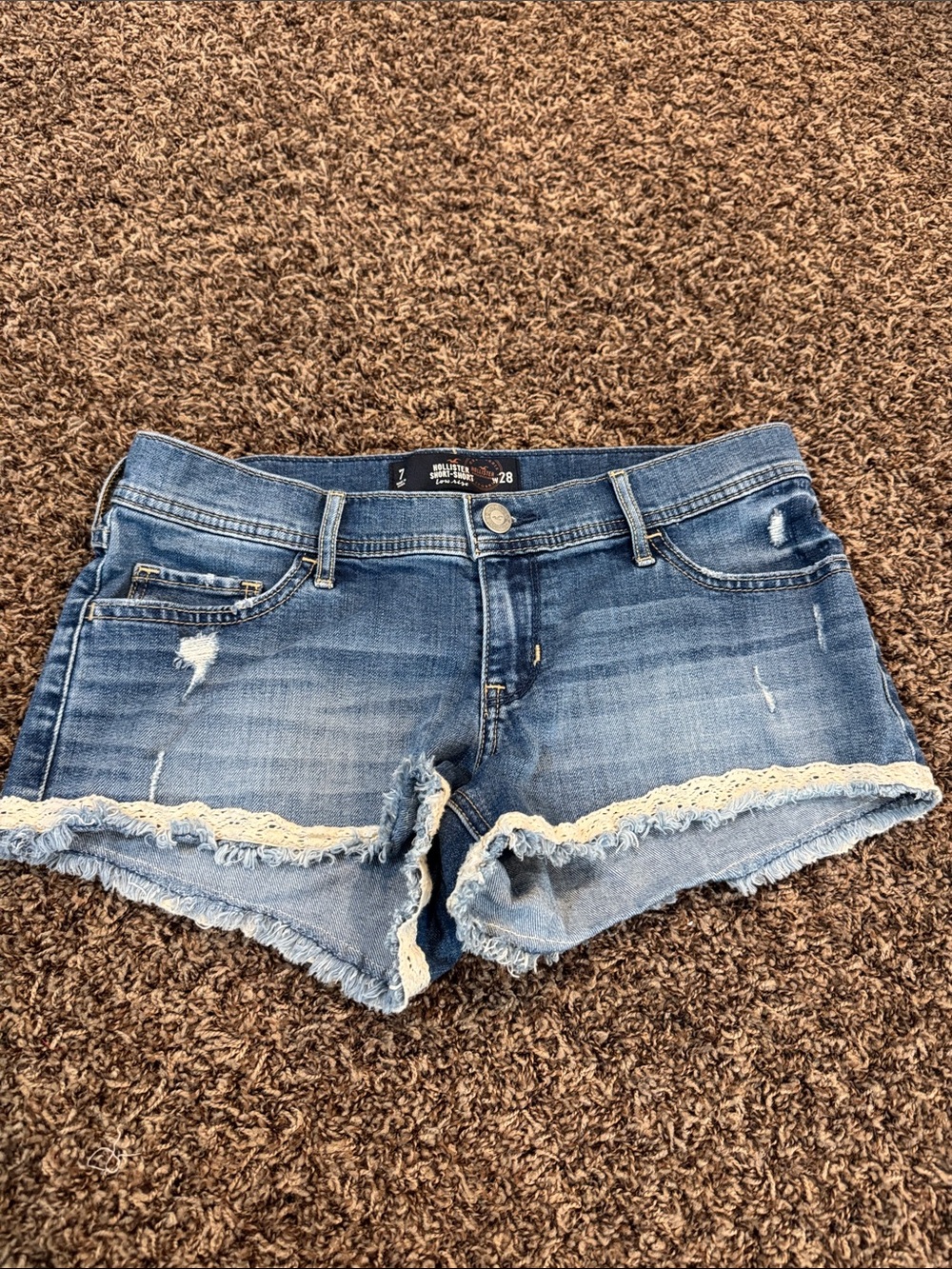Hollister Distressed Denim Shorts with Lace Trim - Blue